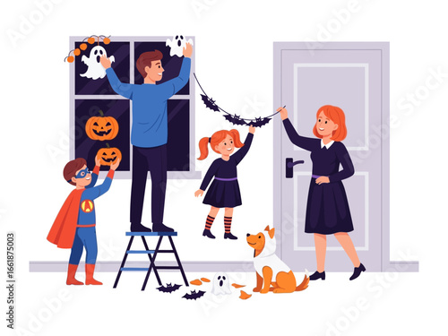 Halloween Festive Home: A family eagerly prepares their home for Halloween, adorning it with spooky decorations while enjoying the festive atmosphere together.