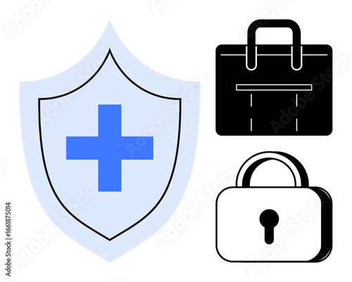 Shield with blue medical cross, black briefcase, and padlock symbolize security, healthcare access, business protection. Ideal for health, safety, insurance, business privacy protection