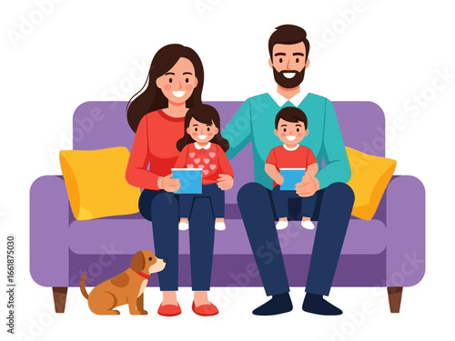 Cozy Family Time: A joyful family of four and a friendly dog gather together, enjoying quality time on a comfortable couch. The scene captures the warmth, togetherness.
