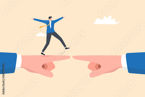 Businessman Walking on Two Giant Hands Pointing at Each Other, symbolizing balance, challenge, and difficult choices in business