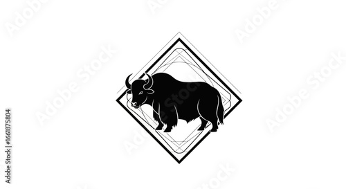 Elegant Yak Monogram: A sleek, minimalistic illustration of a majestic yak, portrayed within a diamond-shaped geometric frame. This design merges natural strength with contemporary art.