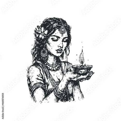 Indian woman holding a lit lamp with decorative jewelry and floral adornment