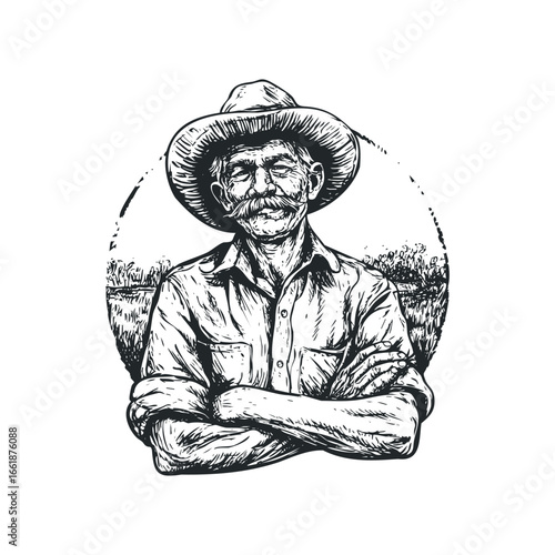Experienced older farmer with mustache wearing hat and collared shirt with crossed arms in outdoor setting