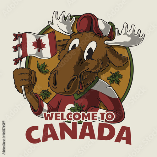 retro cartoon moose mascot holding Canadian flag in hockey jersey