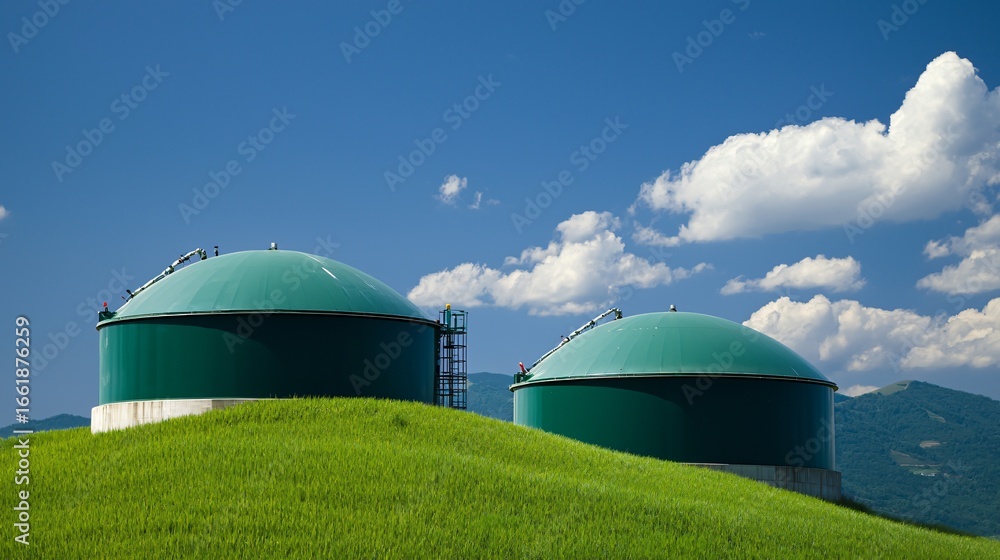 Fototapeta premium Modern methane gas compressors attached to biomass anaerobic digestion storage tanks