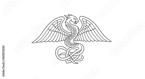Mythical Griffin Emblem: A detailed drawing of a mythical griffin, blending the powerful forms of an eagle and a serpent. The image evokes ancient artistry.