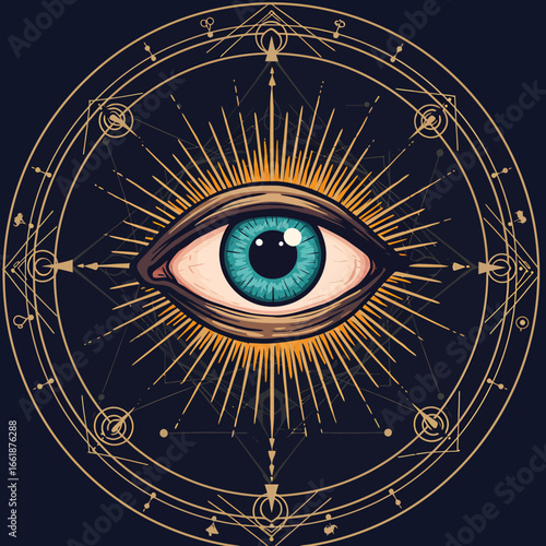 Intricate illustration of an all-seeing eye surrounded by mystical symbols and radiant patterns