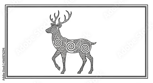 Elegantly Spiraled Deer: An intricate, symmetrical illustration of a deer, with elaborate spiral patterns adorning its body. The image captures the beauty of nature.