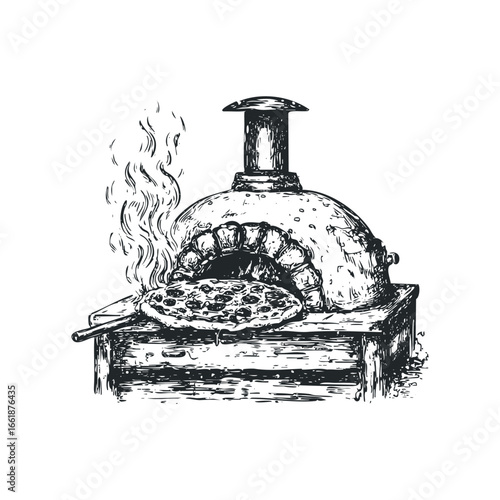 Sketch of a pizza baking in a wood fired oven with steam rising