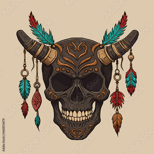 Intricate skull design adorned with colorful feathers and tribal elements on a neutral background