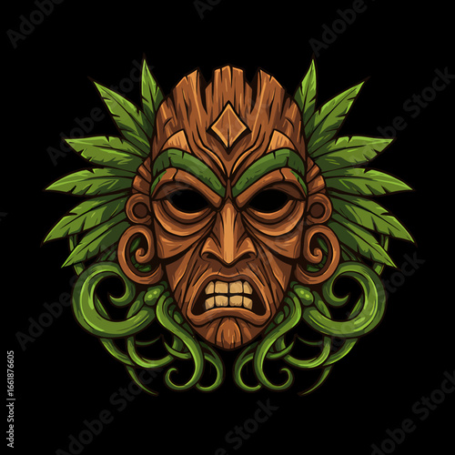 Intricate tribal mask with fierce expression surrounded by lush green leaves and swirling vines