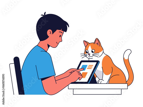 Digital Connection: A young individual, absorbed in his digital tablet, engages in modern communication, sharing a quiet moment with a companion. Capturing the essence of tech-savvy generation.