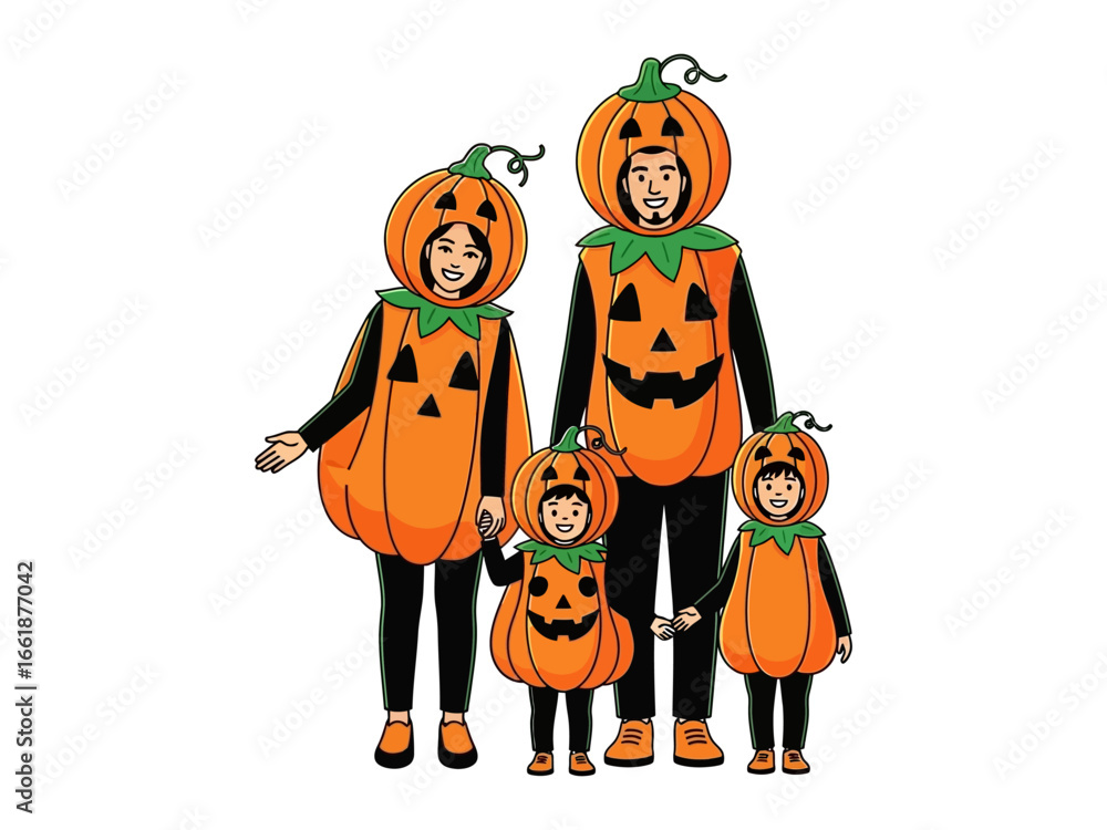 Fototapeta premium Pumpkin-themed Family: A cheerful family dressed in vibrant pumpkin costumes stands side-by-side in a cheerful illustration, capturing the essence of Halloween and togetherness.