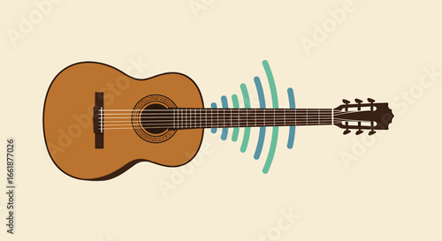 Acoustic guitar emitting sound waves in a minimalist setting, showcasing musical creativity and artistry