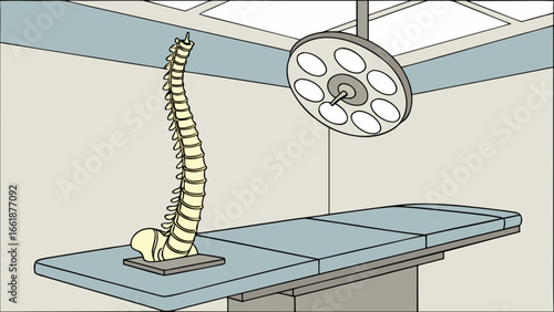 Spine surgery illustration: surgical procedure, spinal health, and medical equipment in operation room