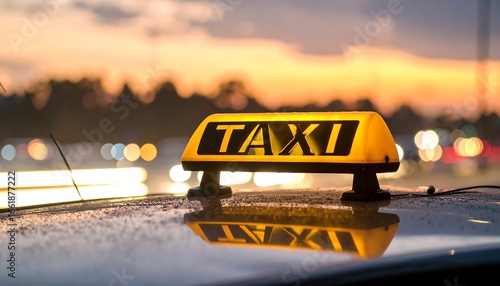 Taxi Sign on Car Roof at Dusk with City Lights and Colorful Sky
