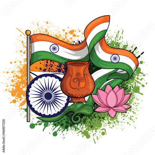 Vibrant illustration celebrating Indian culture with the national flag, Ashoka Chakra, lotus flower, and traditional pot amidst colorful splatters.