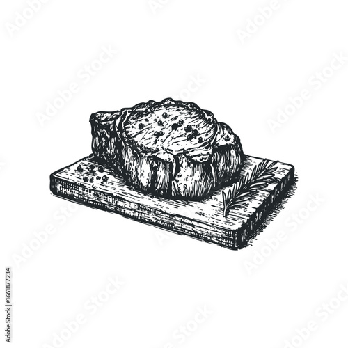 Hand-drawn sketch of seasoned beef steak with rosemary sprig on wooden board