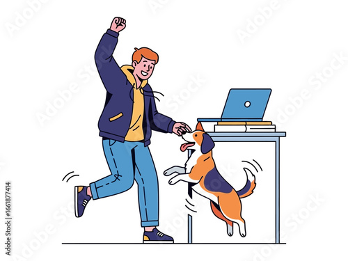 Joyful Playtime: A man is joyfully engaging in playtime with his playful dog, a heartwarming scene of companionship and fun, set in a cozy interior with a laptop, books, and a table.