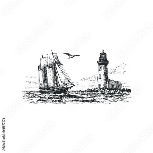Sailboat navigates rough sea near lighthouse on rocky coast with flying bird