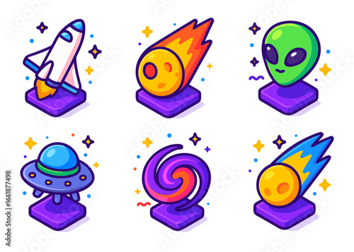 Cartoon space icons featuring rocket, ufo, alien, comet, and galaxy swirl