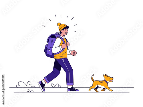 Urban Wander: A young individual strolls along a paved path, accompanied by a playful canine companion, the image bursting with vibrant colors. 