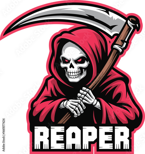 Grim Reaper with scythe and red hooded robe holding weapon death skeleton