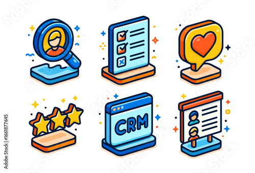 Colorful business icons_ crm, reviews, checklists, user engagement