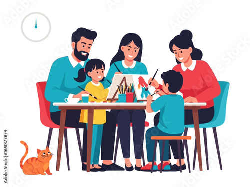 Artistic Family Moment: A cheerful family gathers around a table to share a bonding experience through the joys of painting, each stroke telling a tale of creativity and togetherness.