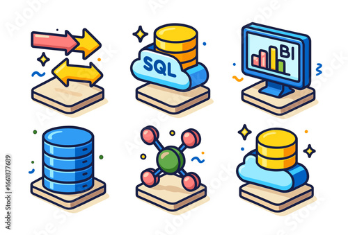Colorful data management icons featuring sql databases and business intelligence visuals