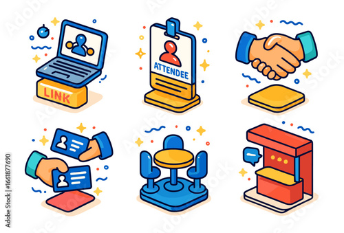 Colorful conference elements_ laptop, badge, handshake, business cards, meeting table, booth