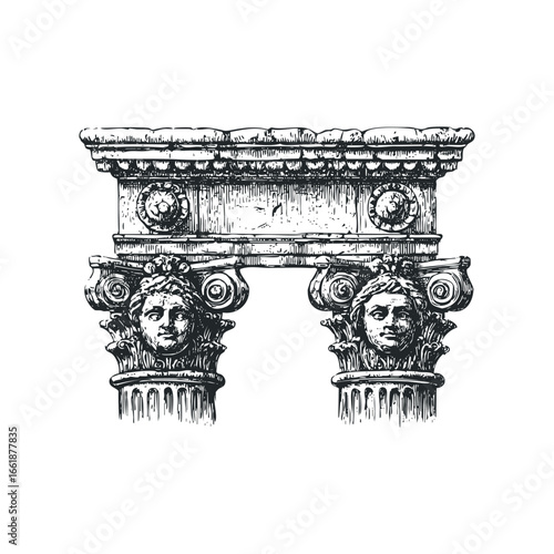 Ancient Ionic Column Capital with Human Faces and Lion Heads Detail