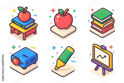 Colorful icons of school supplies_ apple, books, projector, highlighter, and easel display