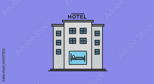 Modern hotel building illustration with a guest room view, set against a vibrant purple background