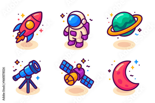 Colorful space icons_ rocket, astronaut, planet, telescope, satellite, moon