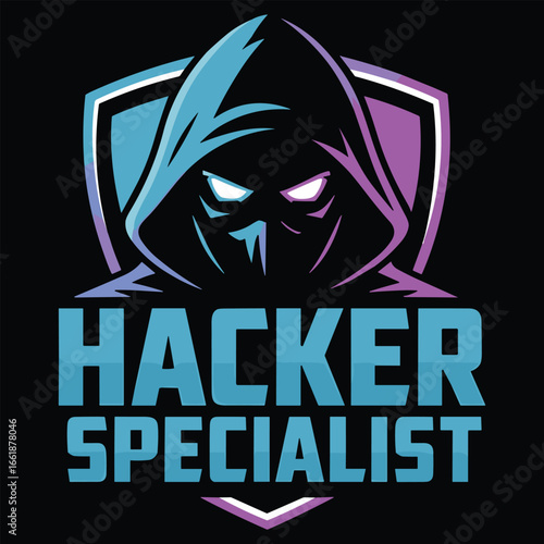 Hacker specialist logo with glowing eyes and shield emblem cybersecurity technology