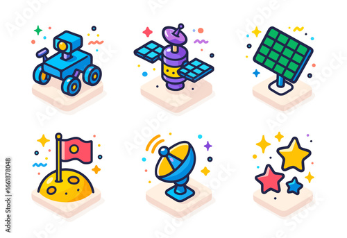 Colorful space icons_ rover, satellite, solar panel, flag, antenna, stars