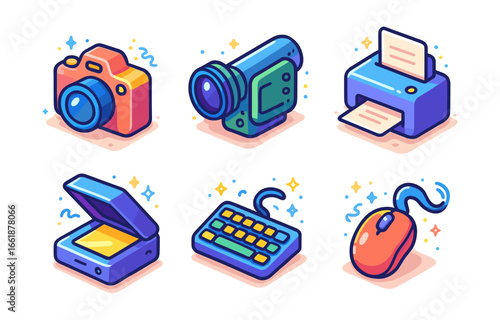 Colorful tech gadgets camera, camcorder, printer, scanner, keyboard, mouse