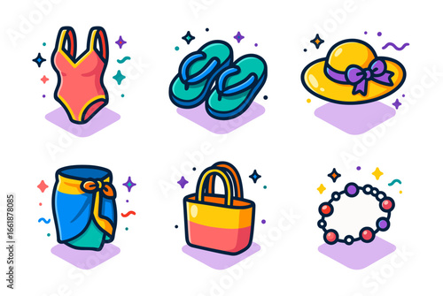 Colorful summer beach icons_ swimsuit, flip-flops, hat, sarong, bag, and bracelet