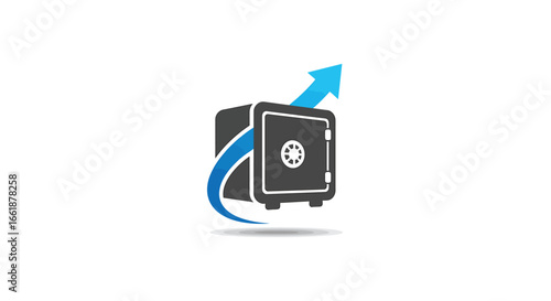 Modern secure safe with upward arrow symbolizing growth and financial success on a clean background