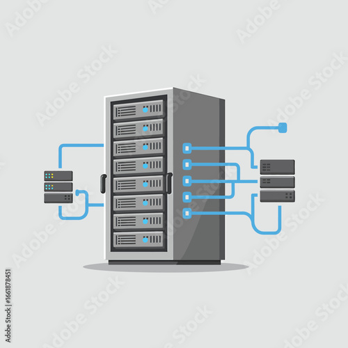 Modern server rack with connected devices showcasing data management and technology infrastructure