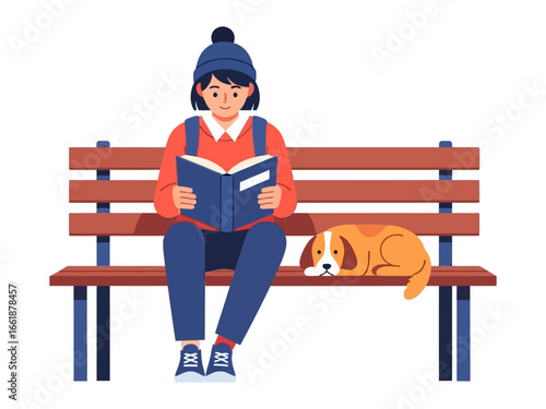 Cozy Moment: A person reads a book while a loyal dog rests alongside them on a park bench, illustrating tranquility and the joy of simple pleasures.