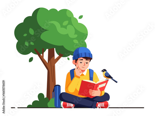 Serene Reading: A young student engrossed in a book, a moment of peaceful learning under the gentle shade of a nurturing tree with a little bird friend watching him.