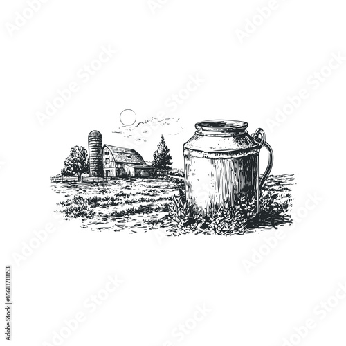 Farm Scene with Milk Can and Silo