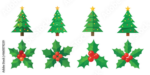 Christmas Trees and Holly Berries Vector Illustration for Holiday Designs