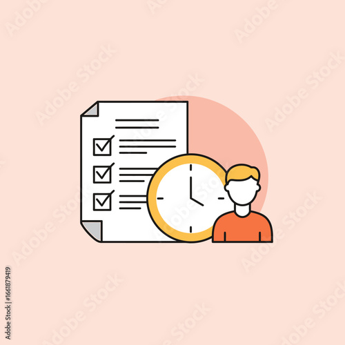 Person with checklist and clock, illustrating time management and task completion in a minimalistic design