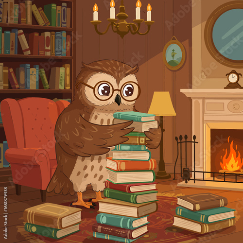 Cartoon owl organizing books in a cozy library with a fireplace and warm lighting ambiance