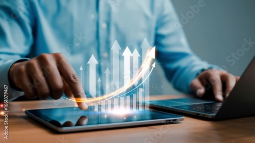 Businessman Analyzes Business Growth and Financial Success with Digital Data Analytics on a Tablet
