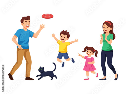 Playful Moments: A family spends quality time in a park, tossing a frisbee and enjoying the outdoors, captured in a vibrant illustration of happiness and togetherness.