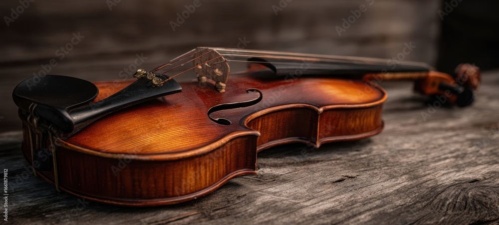 Fototapeta premium The exquisite violin resting on a rustic wooden surface, capturing timeless beauty